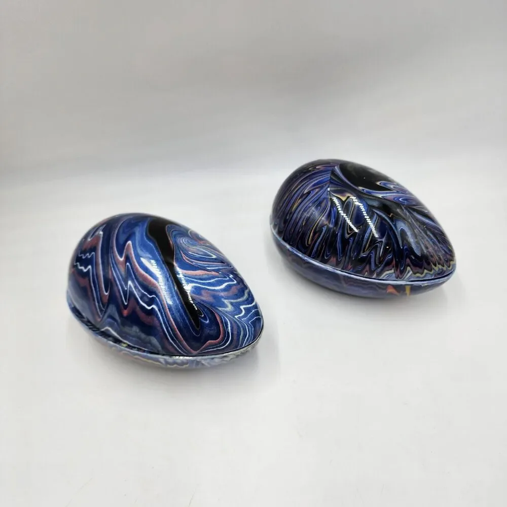 Vintage 2 Grazia Deruta Blue Swirl Pottery Egg Shape Ceramic Trinket Boxes Rare